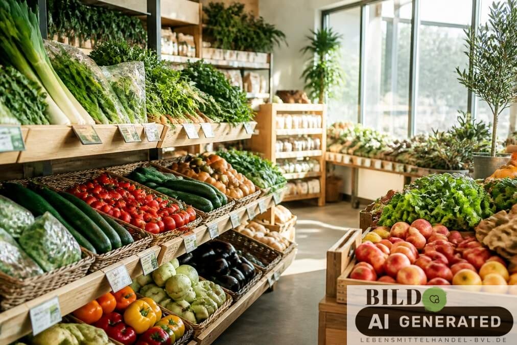 Moderne Bio-Supermarkt-Abteilung mit regionalem Obst und Gemüse als Teil der Ernährungstrends 2026 bei warmem Tageslicht.