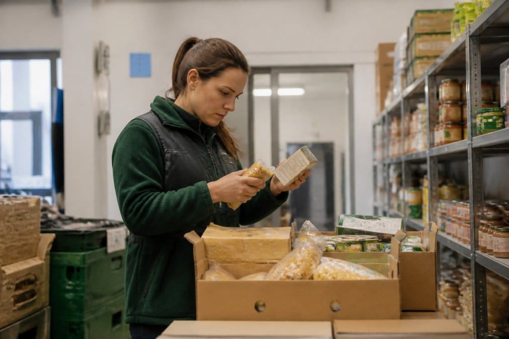 Mitarbeiter prüft in einem Lager die Lebensmittelverpackung für die Lebensmittelsicherheit beim Spenden von Waren.