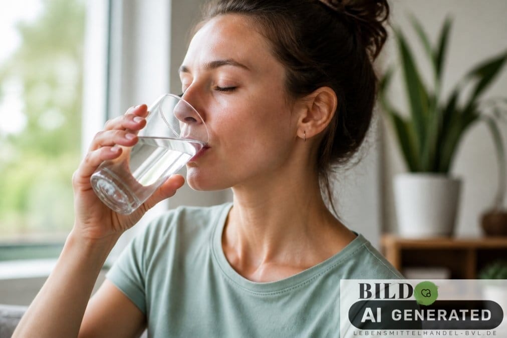 Person trinkt Wasser aus einem Glas bei einer Lebensmittelvergiftung statt direkt zum Medikament zu greifen.