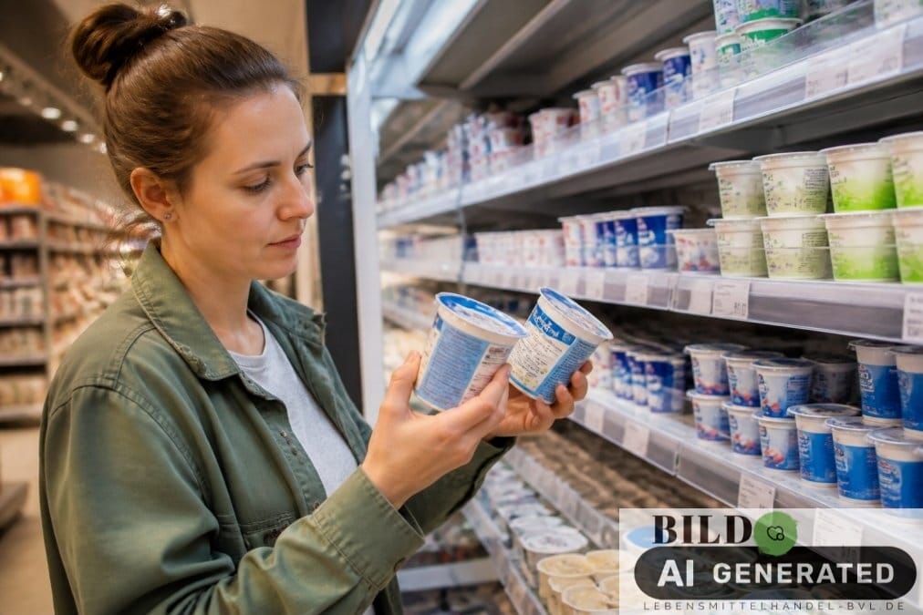 Person im Supermarkt vergleicht zwei Joghurt-Verpackungen, um eine Mogelpackung anhand der Füllmenge und des Preises zu