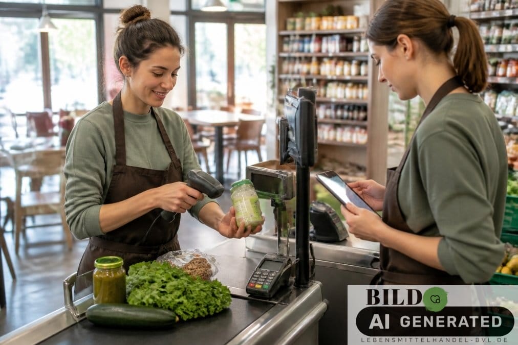 Mitarbeiter scannt Produkte an einer POS-Kasse für die prädiktive analytik lebensmittelhandel und prüft Bestandsdaten auf