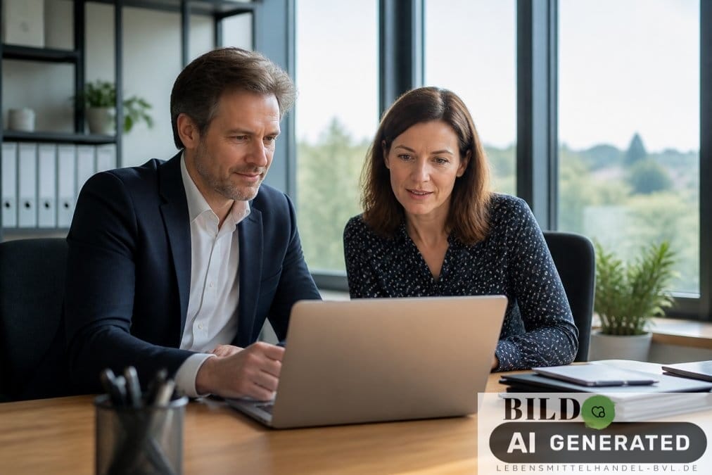 Geschäftsführung nutzt prädiktive Analytik im Lebensmittelhandel an einem Laptop zur Analyse von Bestandsdaten in einem