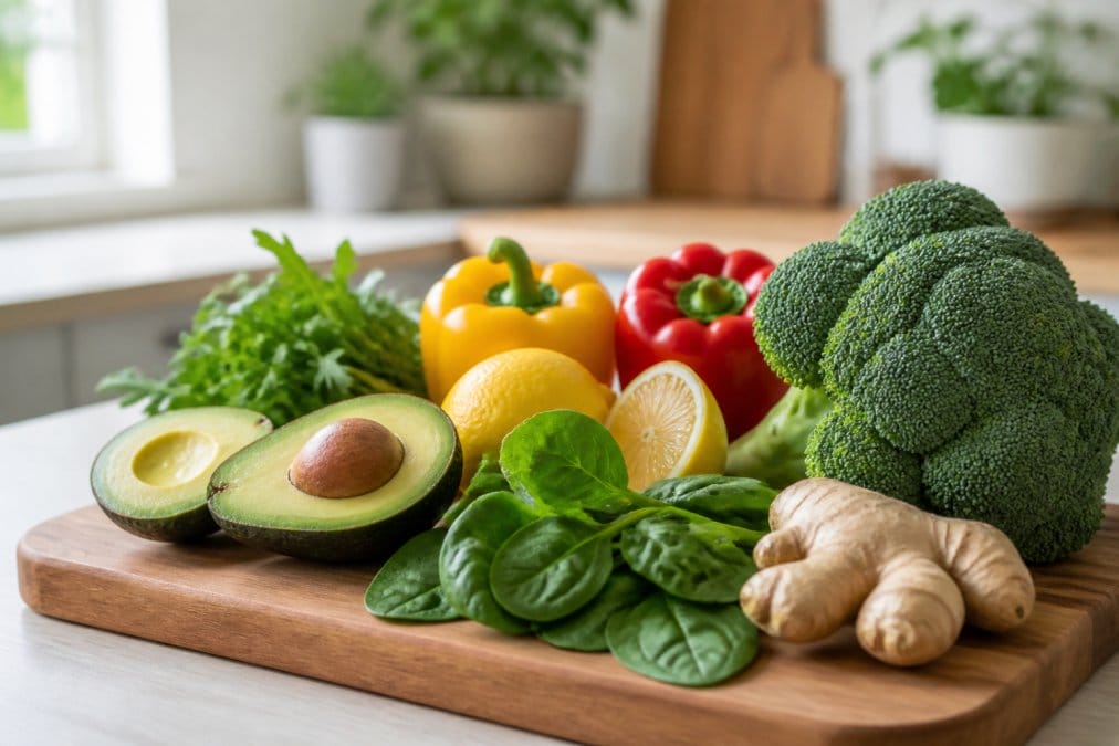 Frisches Obst und Gemüse auf einem Holzbrett für ein gesundes Säure-Basen-Haushalt Gleichgewicht in einer hellen Küche.