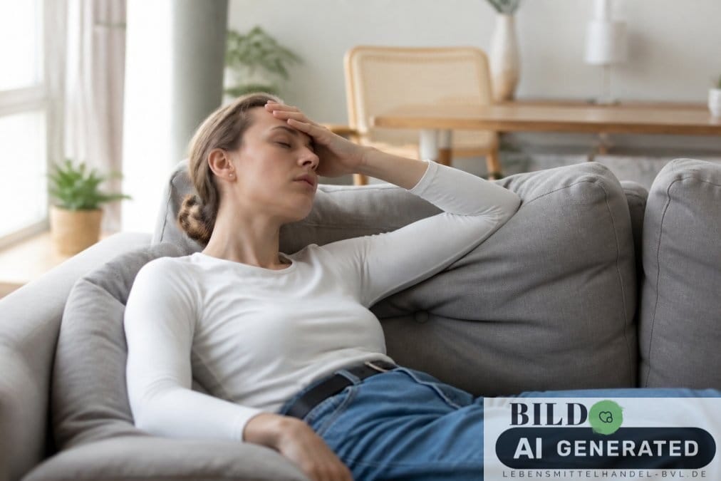 Erschöpfte Person ruht sich auf einem Sofa aus, um mögliche Anzeichen für Übersäuerung Symptome im Alltag zu visualisieren.
