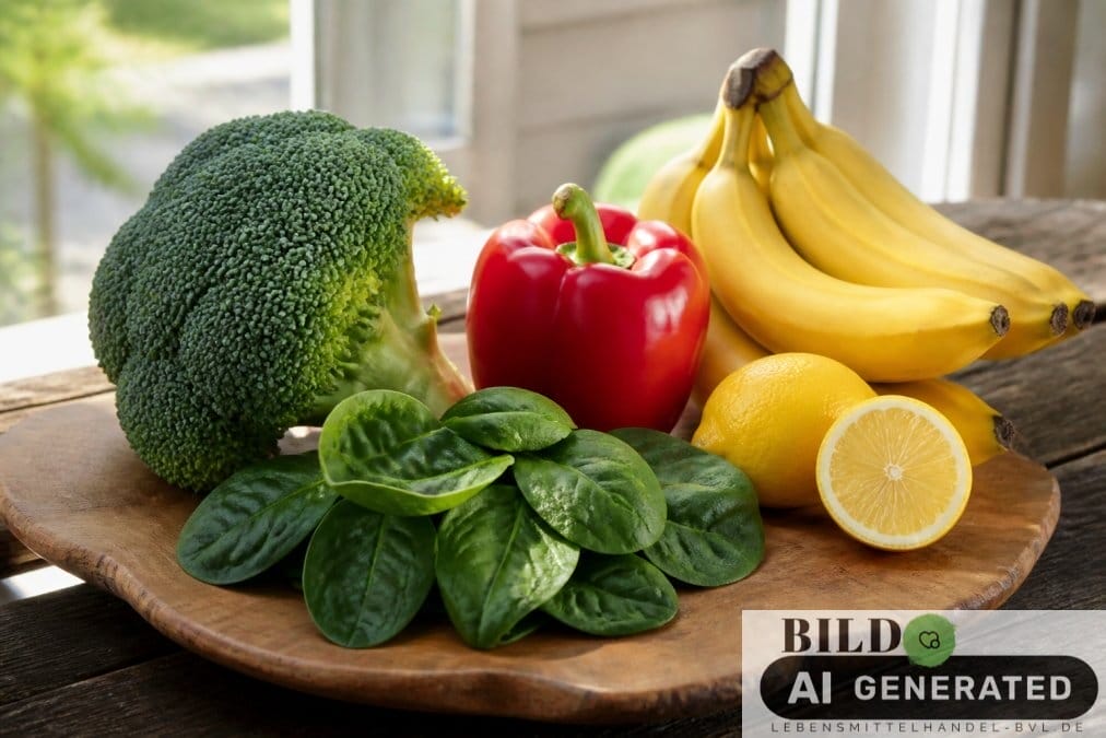 Frisches Gemüse und Obst wie Brokkoli und Zitronen auf einer Holzplatte zur Unterstützung bei Übersäuerung Symptome.