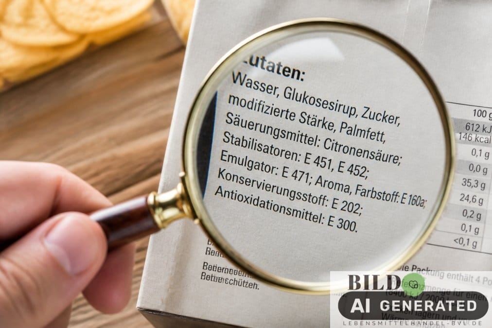 Nahaufnahme einer Zutatenliste auf ultra-verarbeitete Lebensmittel unter einer Lupe mit sichtbaren E-Nummern bei Tageslicht.