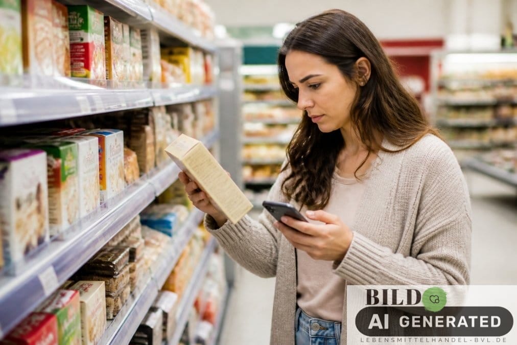 Person prüft im Supermarkt Zutaten auf Etiketten, um ultra-verarbeitete Lebensmittel mit dem Smartphone zu identifizieren.