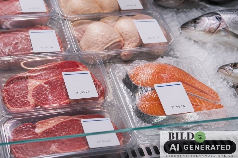 Nahaufnahme einer Supermarkt-Kühltheke mit frischem Fleisch und Fisch, deren Verpackungen ein gut sichtbares Verbrauchsdatum