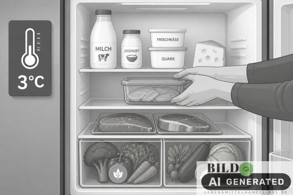 Hände ordnen Lebensmittel im Kühlschrank für ein optimales Verbrauchsdatum bei 3 Grad Celsius.
