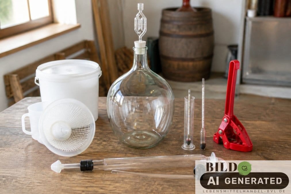 Vollständiges Set zur Weinherstellung auf einer Werkbank für alle, die Wein selber machen wollen, inklusive Gärballon und