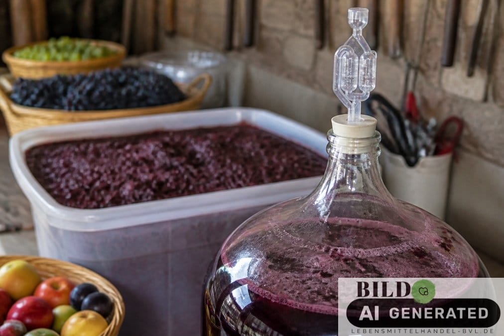 Aktiver Gärballon mit aufsteigenden Bläschen beim Wein selber machen, im Hintergrund stehen frische Früchte auf einer